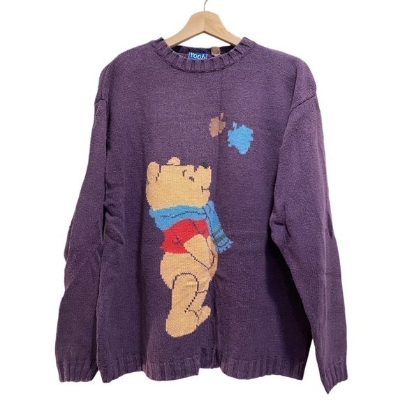 Rare VTG DISNEY Winnie the Pooh Autumn Leaves Scarf Knit Sweater 90s Purple - Picture 1 of 4